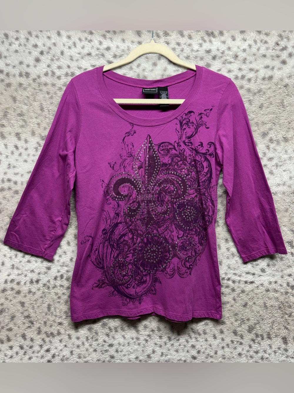 Y2K BOBBIE BROOKS RHINESTONE FLEUR-DE-LIS 3/4 SLEEVE TOP